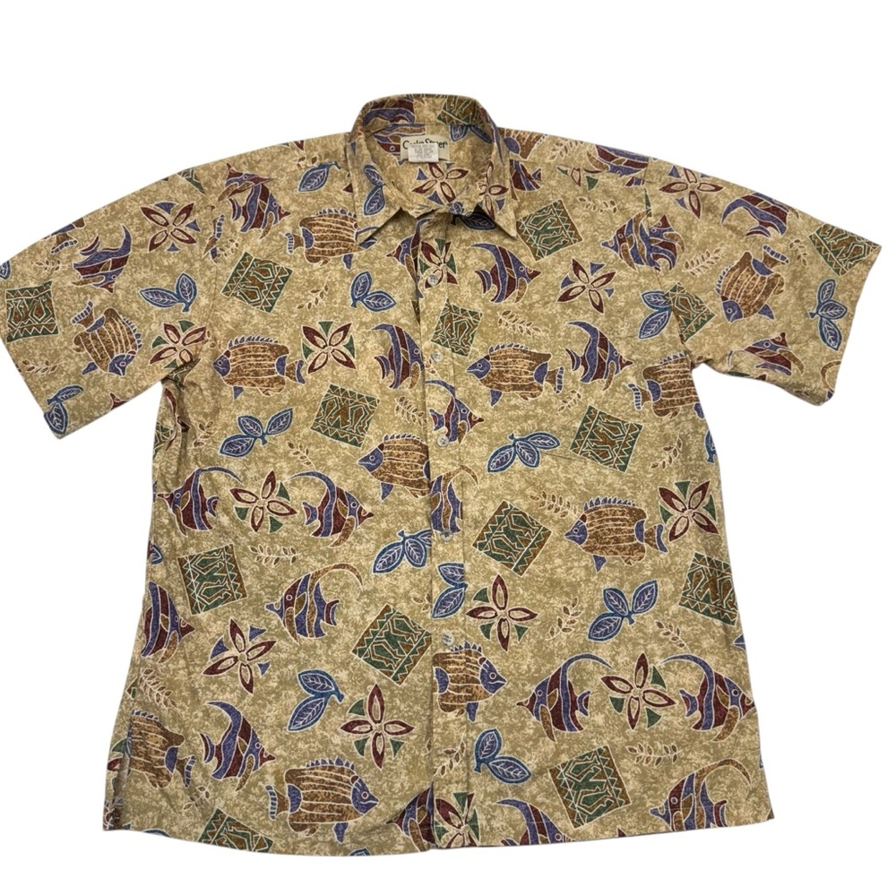 Cooke Street Hawaiian Shirt Short Sleeve Men’s L Floral Fish Beige Y2K Beach